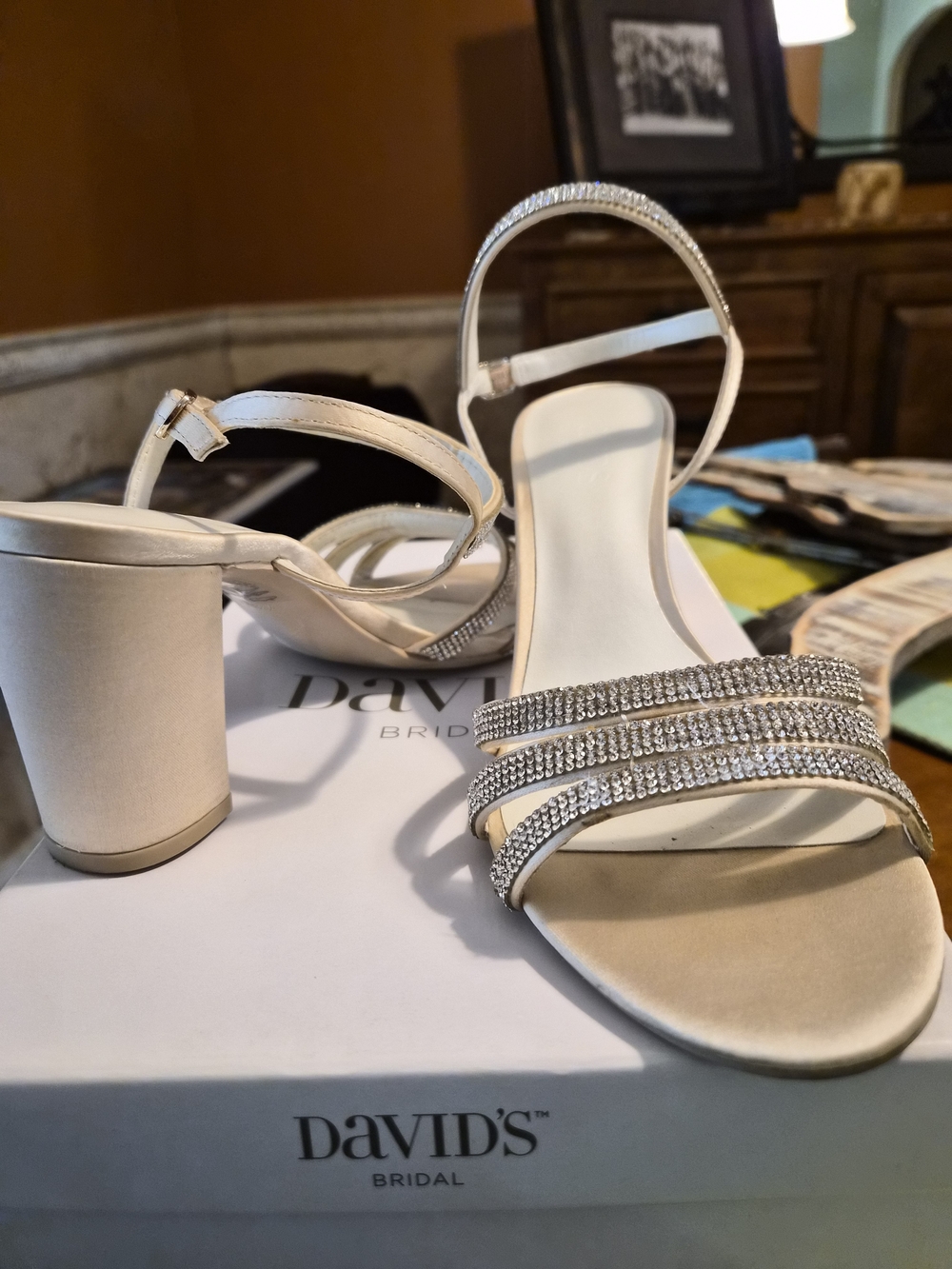 David's Bridal Ivory Rhinestone-Strap Block Heel Sandals